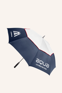 Großer AQUA UV Regenschirm von Big Max, faltbar und mit UV-Schutz, geöffnet mit blauer Stoff und schwarzem Griff.