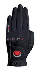 Golfhandschuh von Zoom Hybrid in Schwarz mit bedrucktem Design, flexible und bequem für optimalen Griff beim Golf.