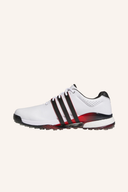 Adidas Tour360 SL Golfschuhe aus Leder mit schwarzer Sohle und weißen Akzenten, für bequemen und stabilen Golfsport.
