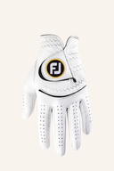 Fußjoy StaSof Cadet Golfhandschuh aus Leder, zeigt den weißen Handschuh mit schwarzem Logo und strapazierfähigem Design.