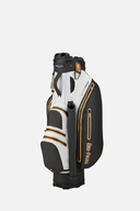 Bennington Dry QO9 Cartbag in Schwarz, Weiß und Gold mit mehreren Fächern und gepolsterten Griffen für den Golfeinsatz.