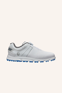 Graue Footjoy Pro/SL II BOA Golfschuhe mit Schnürung und griffiger Sohle auf weißem Hintergrund.