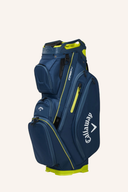 Callaway Org 14 Cartbag in Navy mit floralgelbem Design, zeigt die Vorderseite mit mehreren Fächern und Tragegriffen.