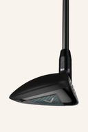 Callaway REVA RISE Hybrid Golfschläger, modernes Design, schwarzer Schlägerkopf mit goldenen Akzenten, Griff sichtbar.