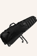 Schwarzer Sun Mountain Club Glider Meridian Reisecover für Golfbags, gepolstert und robust, auf einem weißen Hintergrund.