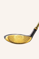 Majesty Prestigio XIV Fairwayholz, modernes Golfschläger mit schwarzem Schaft und goldener Kopf, auf grüner Golfbahn.