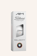 Titleist Velocity Aim 2026 Golfbälle, normale Golfbälle mit Blick auf das Design und die Verpackung.