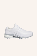 Adidas Tour360 2024 Golfschuhe aus schwarzem Leder mit weißer Sohle und schnürung, geeignet für Herren.
