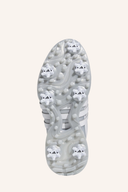 Adidas Tour360 (2024) Golfschuhe in Weiß mit schwarzer Sohle und Schnürung, seitliche Markenlogos, für Herren.