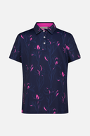 Kjus bedrucktes Poloshirt, Polo-Shirt mit farbigem Druck, bequemes Modeoberteil für Damen oder Herren, Nahaufnahme des Designs