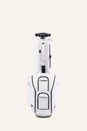 Minimal Golf Terra SE1 8,5" Standbag mit Tragegriff und Stauraum, schwarz und grau, für Golfausrüstung.