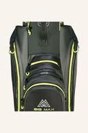 Großer Aqua Silencio 4 Cartbag von Big Max mit blauer Vorderseite und reflektierendem Druck, für Golfausrüstung.