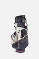 Blaue Aqua Silencio 4 Organizer Cartbag von Big Max mit mehreren Fächern für Golfzubehör, auf einem Golfplatz liegend.