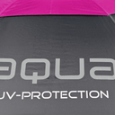 Nahaufnahme des Aqua UV Sonnenschirms von Big Max mit blauer UV-beständiger Markise und sichtbarem Druck.