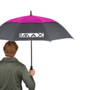 AQUA UV Sonnenschirm von Big Max, offene blaue Markise mit UV-Schutz, zeigt das gestreifte Design und den stabilen Rahmen.