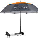 Aqua UV Sonnenschirm der Marke Big Max, geöffneter Sonnenschirm mit blauer UV-beständiger Markise, sichtbare Bedienelemente