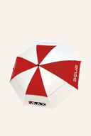 Großer AQUA UV Sonnenschirm von Big Max in Weiß-Rot mit UV-Schutz und stabilem Rahmen, ideal für den Garten oder Strand.