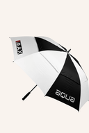 Großer AQUA UV Sonnenschirm von Big Max, blaue XL-Aqua UV Regenschirm mit schwarzem Gestell, auf Bild in Schwarz-Weiß.
