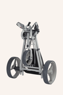 Manueller Big Max Autofold X Golftrolley in Grau und Dunkelgrau, seitliche Perspektive, zusammengeklappt für einfachen Transport.