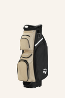 Schwarzer und brauner TaylorMade Cart Lite Cartbag mit mehreren Fächern und Tragegriff, ideal für Golfwagen.