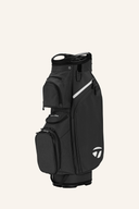 Grauer TaylorMade Cart Lite Cartbag mit mehreren Taschen und stabilem Griff für einfachen Transport auf dem Golfplatz.