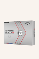 Callaway Chrome Soft X LS Golfbälle, weiche Bälle mit mattweißem Finish und schwarzem Callaway-Logo, auf weißem Hintergrund.