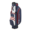 Bennington Dry QO9 Cartbag in navy und weiß mit mehreren Fächern und Tragegriffen für Golftasche auf dem Golfwagen.