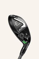 Callaway ELYTE Hybrid Golfclub, modernes Design, schwarzes Finish, in Hand gehalten, zeigt den Schlägerkopf frontal.