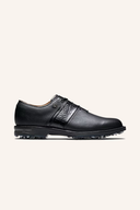 Footjoy Premiere Series Golfschuhe in schwarz mit weißen Akzenten, seitliche Schnürung und rutschfeste Sohle sichtbar