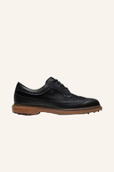 Footjoy Premiere Series Packard Golfschuhe aus schwarzem Leder mit Schnürverschluss, auf weißem Hintergrund.