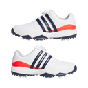 Adidas Tour360 Boa 2024 Golfschuhe, modernes Design, weiße und schwarze Farbkombination, reflektierende Spiegelansicht