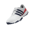 Adidas Tour360 Boa 2024 Golfschuhe mit schwarzem Obermaterial, Schnürung und Sohlenprofil, seitliche Markenlogos sichtbar