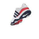Adidas Tour360 Boa 2024 Golfschuhe mit weißem Obermaterial, Schnürung und rutschfester Sohle, seitliche Logos sichtbar.