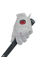 Golfhandschuhe von Zoom im Hybrid-Design mit weißem Print, ideal für komfortables Spiel und besseren Griff.