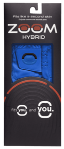 Zoom Hybrid Golfhandschuhe in blauer Verpackung, flexible und langlebige Golfhandschuhe für optimalen Griff.