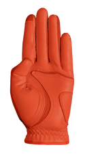 Zoom Hybrid Golfhandschuhe mit orangefarbenem Palmendruck, atmungsaktives Material und bequemer Sitz, für optimale Griffigkeit beim Golfspiel.