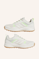 Adidas Zoysia Golfschuhe, bequeme schwarze Golfschuhe mit weißem Logo, seitliche Ansicht auf transparentem Hintergrund