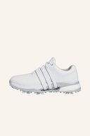 Adidas Tour360 2024 Golfschuhe, seitliche Ansicht, elegante schwarze Golfschuhe für Damen und Herren.