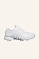 Adidas Tour360 (2024) Golfschuhe seitliche Ansicht, schwarze Golfschuhe mit schnürung und stützender Sohle.