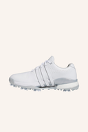 Adidas Tour360 (2024) Golfschuhe, seitliche Ansicht, schwarze Schuhe mit weißen Akzenten, für Herren, moderne Golfbekleidung