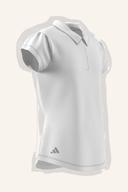 Adidas Performance Kurzarm-Polo, leuchtend blauer Stoff mit Kragen und Knopfleiste, auf transparentem Hintergrund.