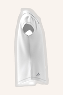 Adidas Performance Poloshirt mit kurzen Ärmeln, helles Design, Reißverschluss und sportlichem Schnitt, auf transparentem Hintergrund.
