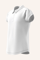 Adidas Performance Poloshirt mit kurzem Ärmel, sportliches Design, weiße Farbe, auf transparentem Hintergrund.