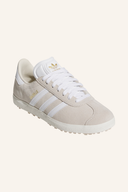 Adidas Gazelle Golfschuhe in Weiß mit grünem Akzent, seitliche Ansicht, sportliches Design für Golfspiel.
