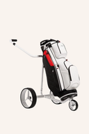 Golfcartbag von JuCad, First Class Modell, mit mehreren Fächern und stabilem Tragegriff, auf einem Golfwagen liegend