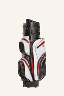 JuCad Cartbag Manager Dry Bag in Schwarz-Weiß-Rot, mit mehreren Fächern und robustem Design für Golfzubehör.