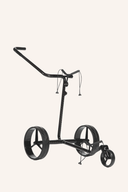 JuCad Carbon Drive 3.0 Elektrotrolley in schwarzem Design mit Griff und Steuerung für einfaches Golfwagen-Transport.