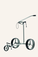 Manueller Golftrolley von JuStar in Silber, mit Griff und großer Laufräder für einfachen Transport auf dem Golfplatz