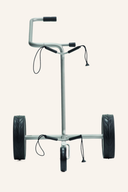 Manueller silberner Golftrolley von JuStar mit robustem Design, ideal für bequemen Golftransport auf dem Golfplatz