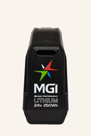 MGI Electric Carts Zip 250Wh Lithium-Batterie, Zubehör für elektrische Fahrzeuge, zeigt die kompakte Batterie in der Verpackung.